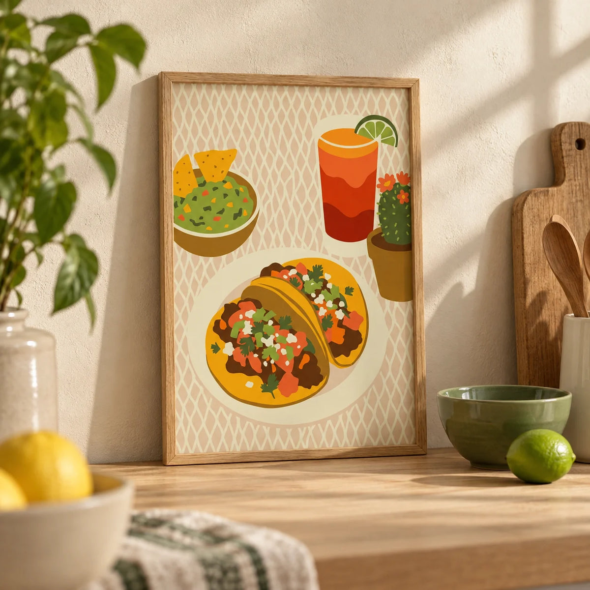 Tacos Art Print, a small A4 framed print leaning on a pale oak kitchen worktop
