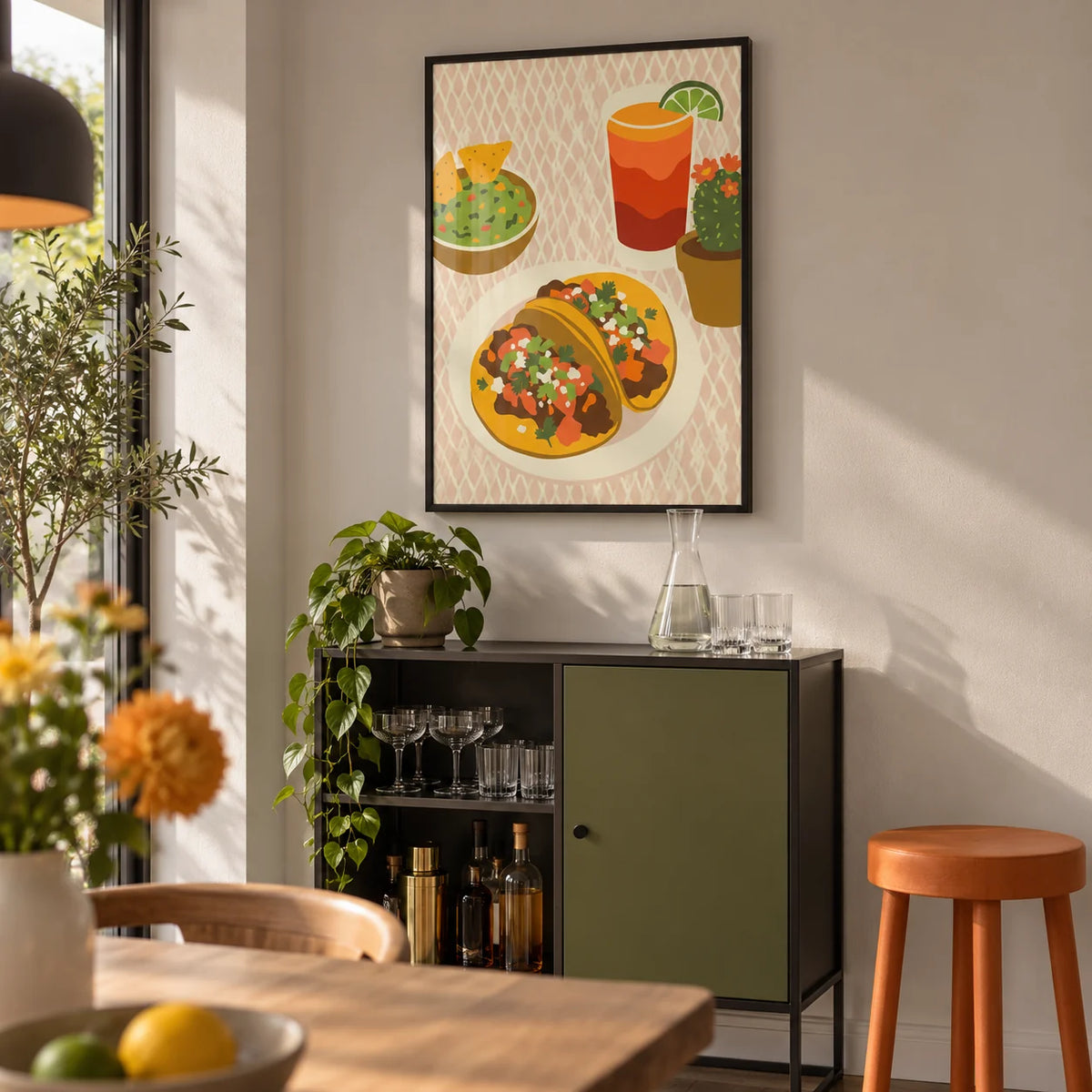 Tacos Art Print, framed on the wall of a small home bar corner within a design-led UK open-plan dining room