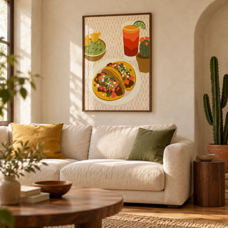 Tacos Art Print, framed on the wall of a warm Mexican-inspired modern living room in a UK home with cream limewashed walls