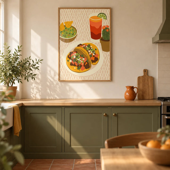 Tacos Art Print, framed on the wall of a warm modern kitchen in a UK terraced house with cream plaster walls