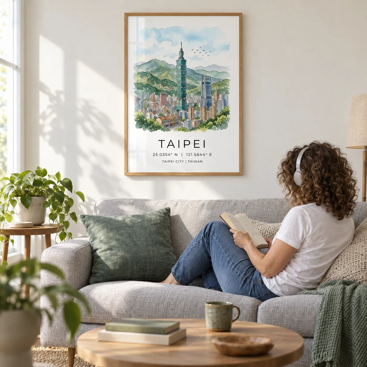 Taipei City Art Print, framed on the wall of a bright city-flat living room
