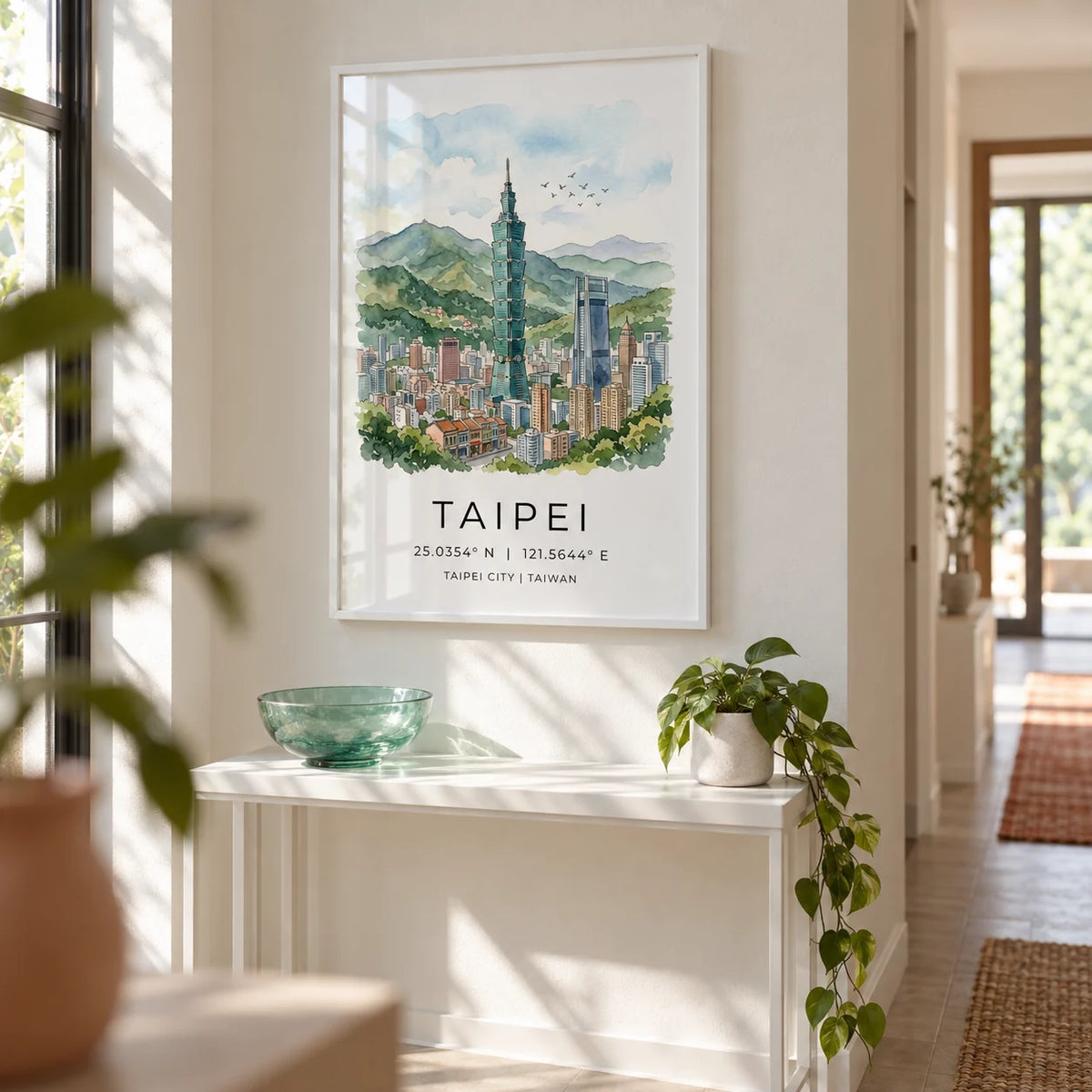 Taipei City Art Print, framed on the wall of a bright hallway
