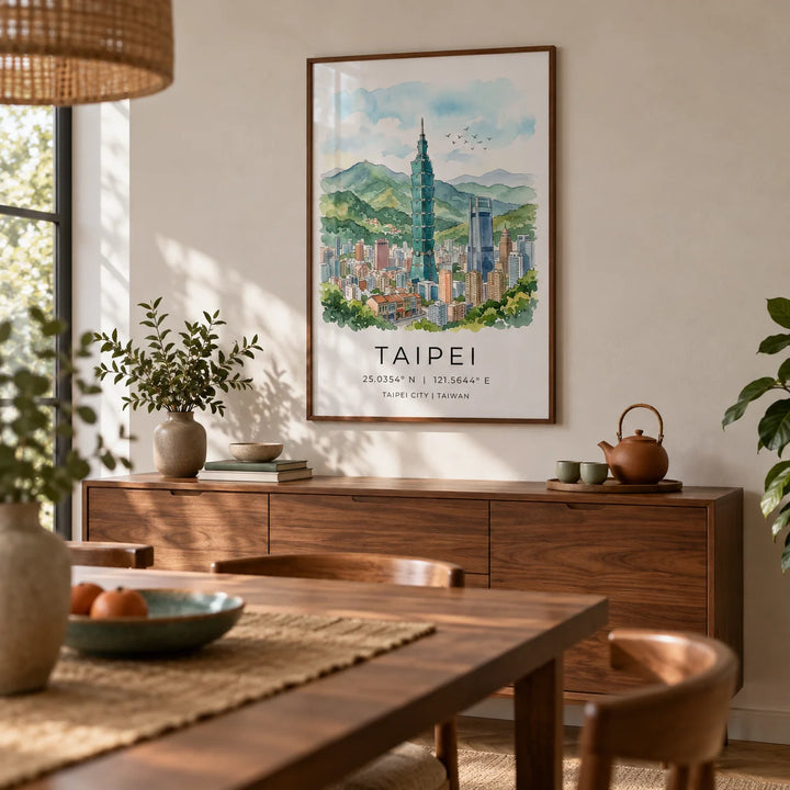 Taipei City Art Print, framed on the wall of a calm dining room
