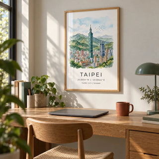 Taipei City Art Print, framed on the wall of a calm home office