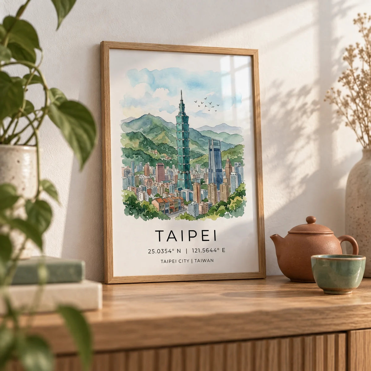 Taipei City Art Print, a small A4 framed print leaning on an oak shelf in a living room