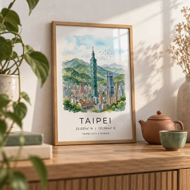Taipei City Art Print, a small A4 framed print leaning on an oak shelf in a living room
