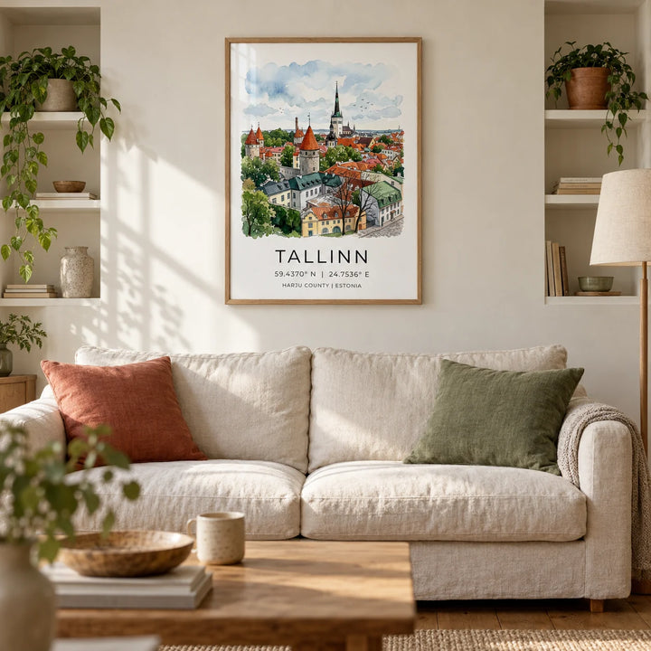 Tallinn City Wall Art, framed on the wall of a warm Scandi living room in a UK Victorian terrace with an off-white plaster wall