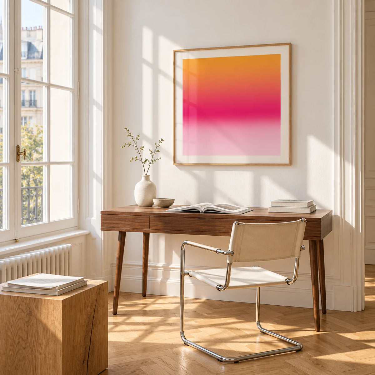 Tangerine Poster, framed on the wall of a bright study corner with a tall white paned window
