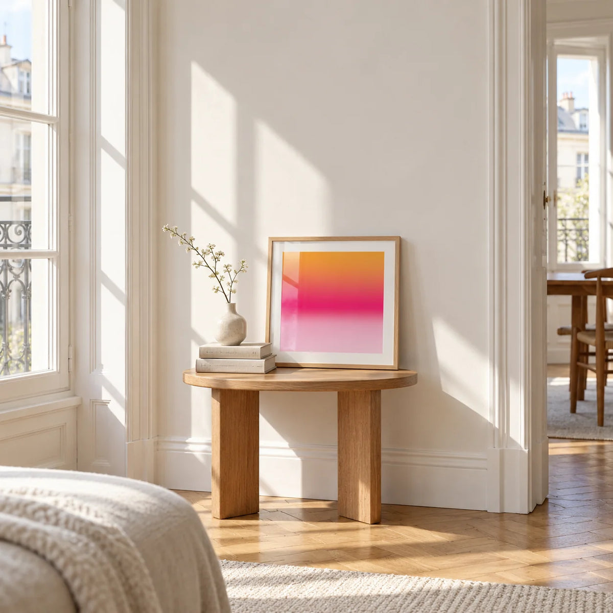 Tangerine Poster, a small square framed print leaning on a small solid oak side table
