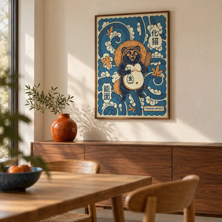 Tanuki Art, framed on the wall of a calm dining room with a cream wall