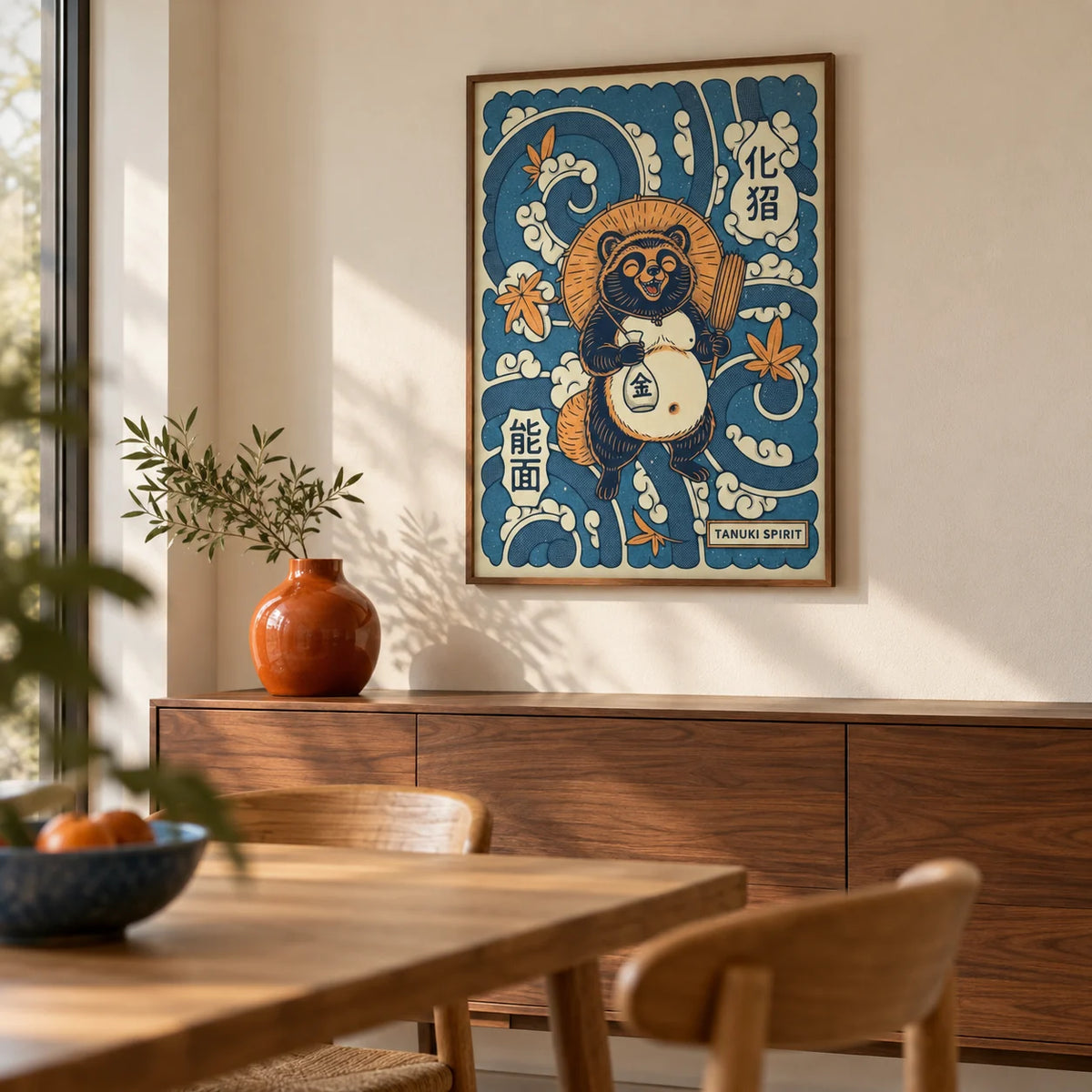 Tanuki Art, framed on the wall of a calm dining room with a cream wall