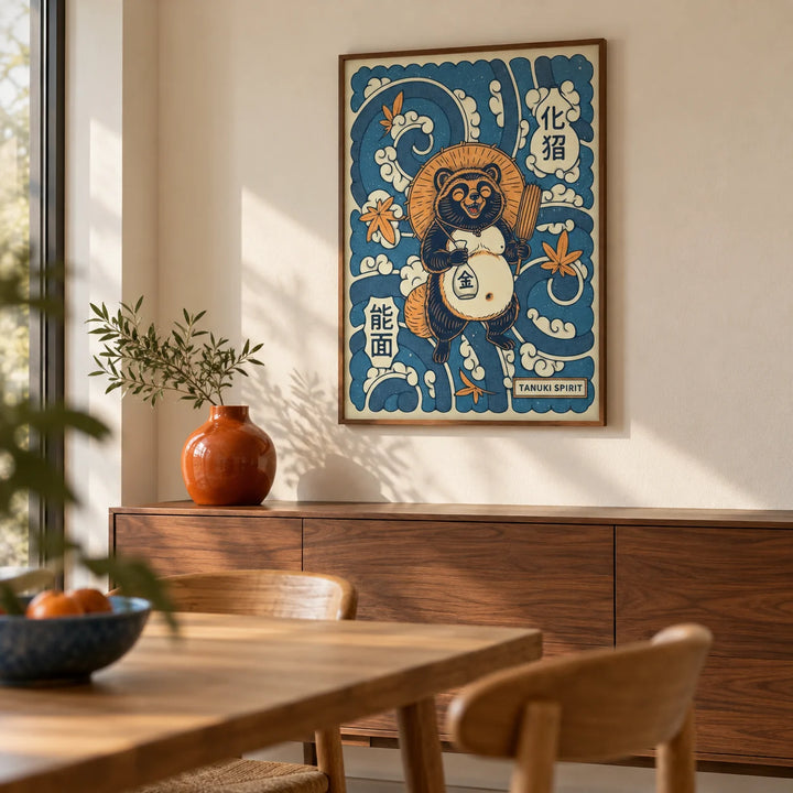 Tanuki Art, framed on the wall of a calm dining room with a cream wall