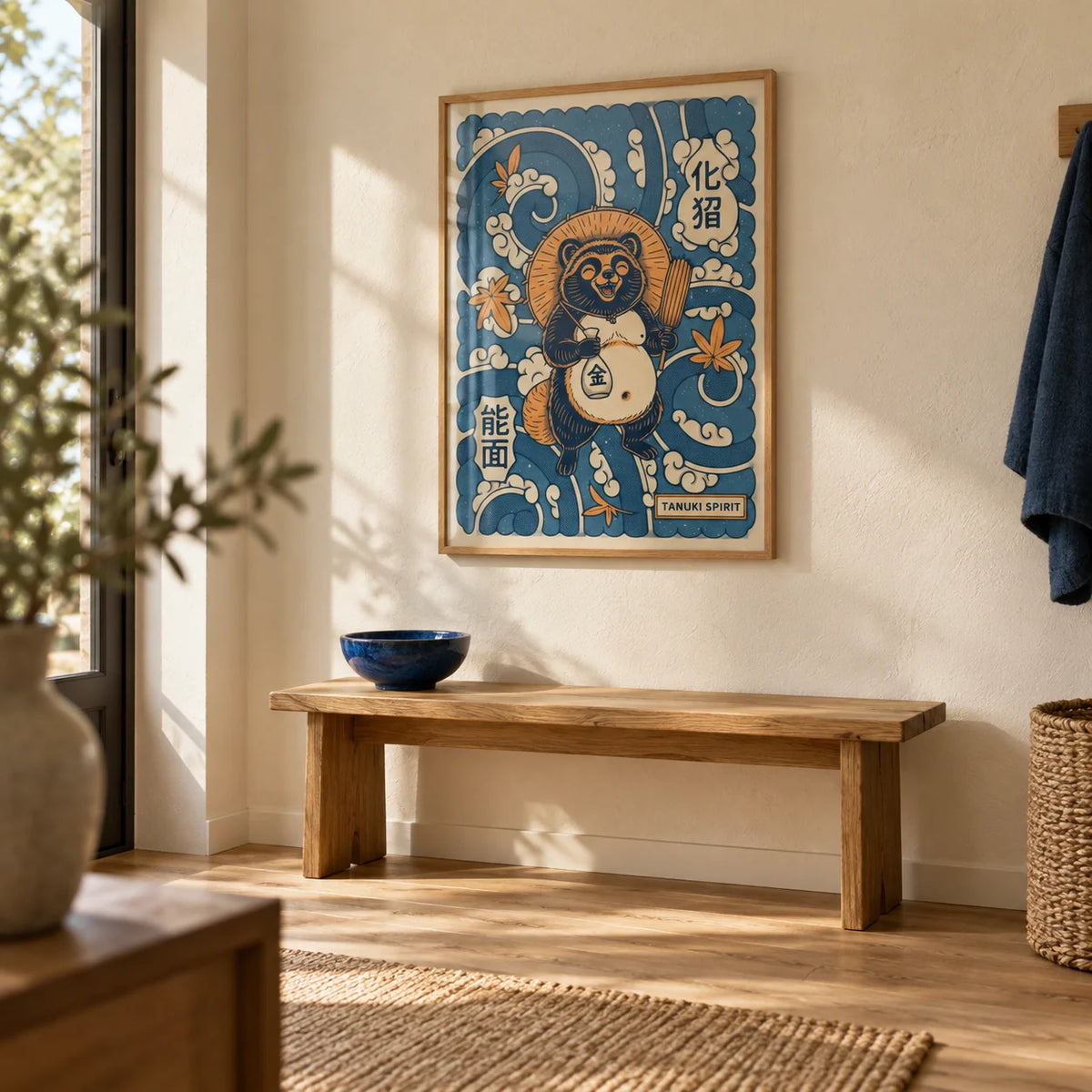 Tanuki Art, framed on the wall of a calm entrance hall with a cream plaster wall and pale oak floorboards