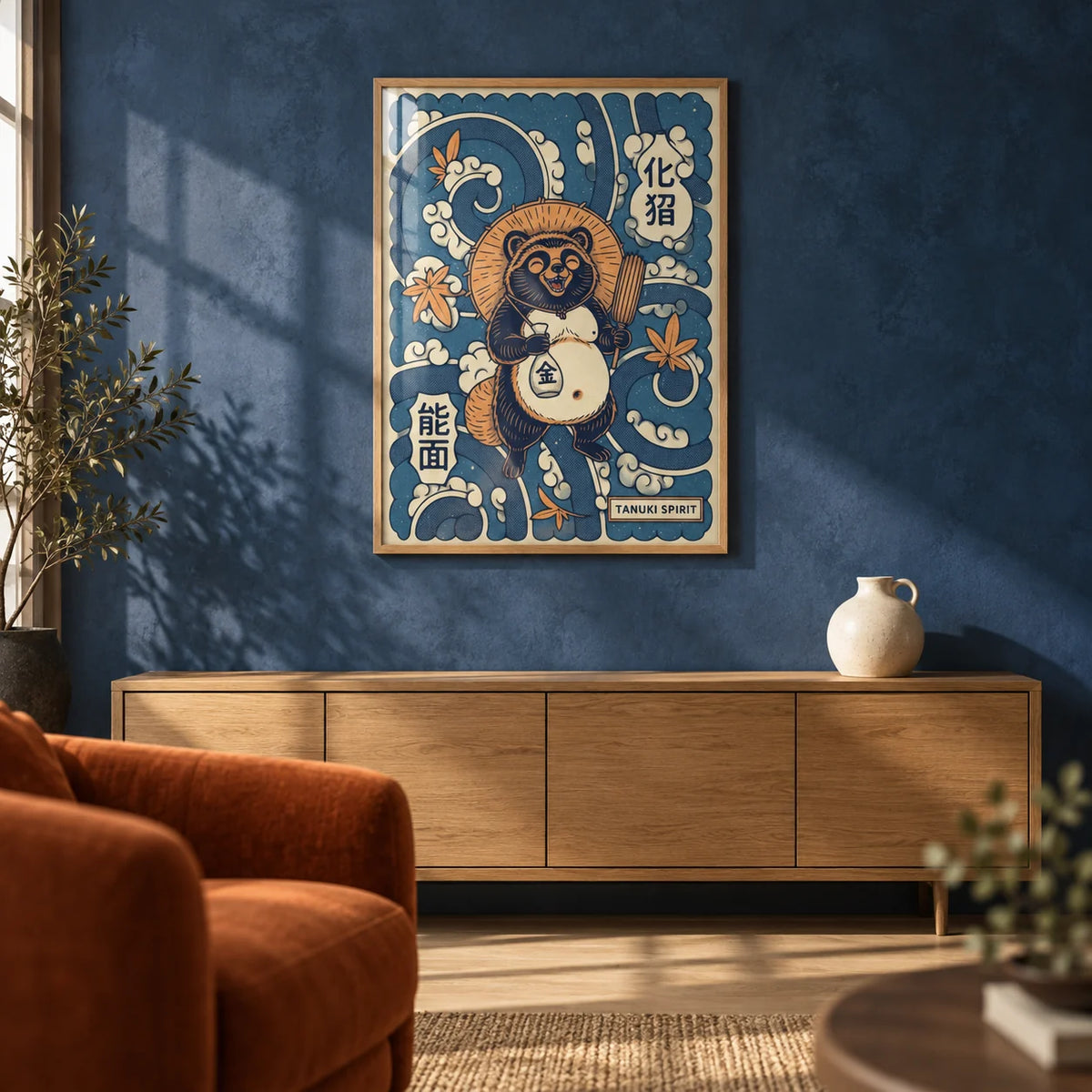 Tanuki Art, framed on the wall of a Japanese-modern living room with an indigo blue limewashed wall