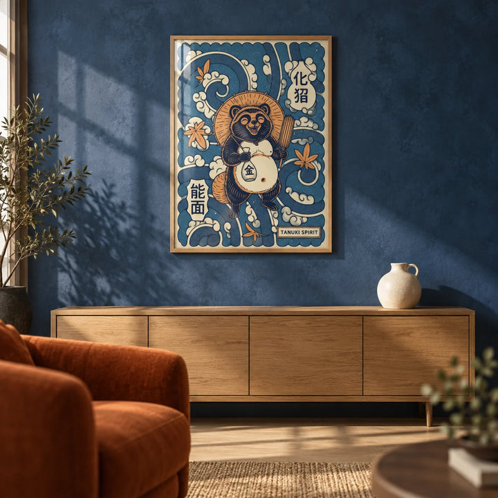Tanuki Art, framed on the wall of a Japanese-modern living room with an indigo blue limewashed wall