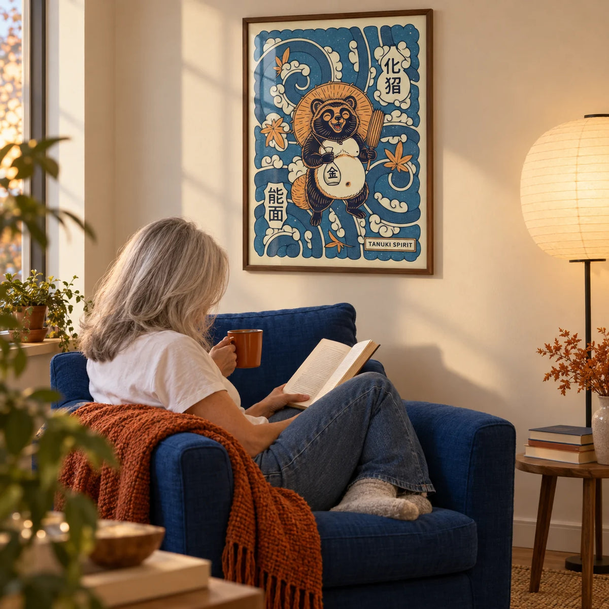 Tanuki Art, framed on the wall of a reading corner with a warm cream wall in a living room