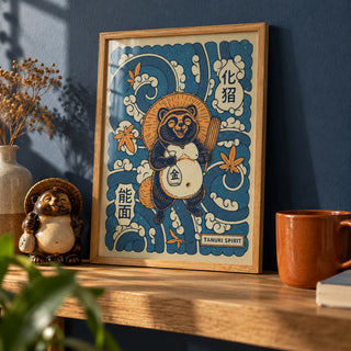 Tanuki Art, a small A4 framed print leaning on an oak shelf in a living room