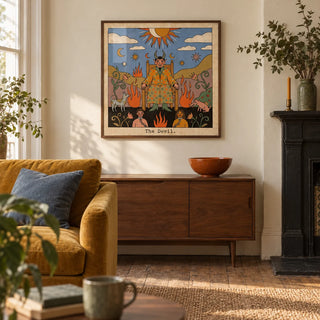Tarot Card Devil Art, framed on the wall of a characterful living room in a UK Victorian terrace with warm ivory plaster walls