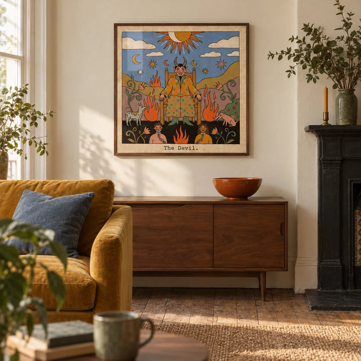 Tarot Card Devil Art, framed on the wall of a characterful living room in a UK Victorian terrace with warm ivory plaster walls