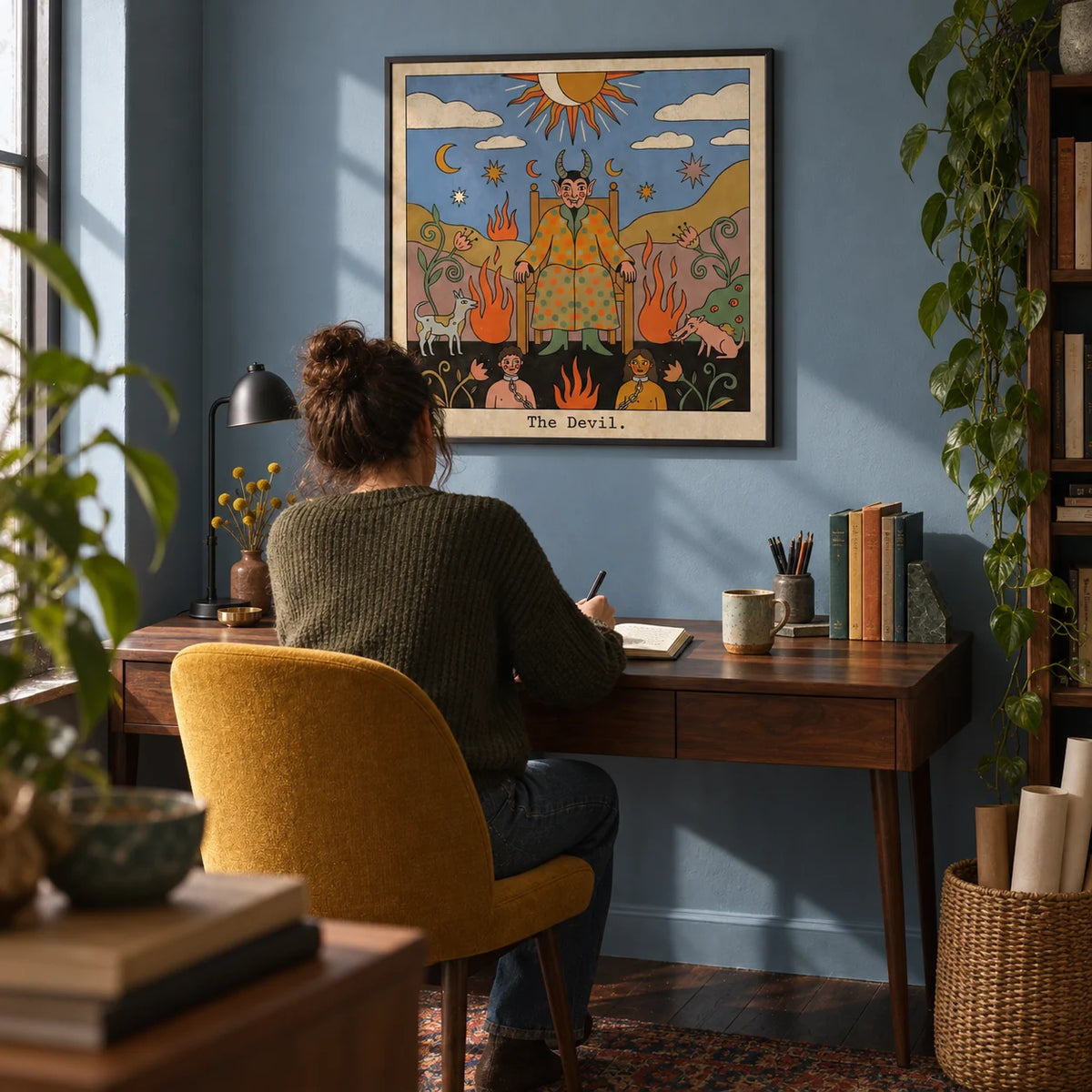 Tarot Card Devil Art, framed on the wall of a compact home study in a creative adult's city flat with a dusty blue painted wall and dark wood floor