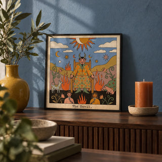 Tarot Card Devil Art, a small A4 framed print leaning on a dark walnut side table in a hallway