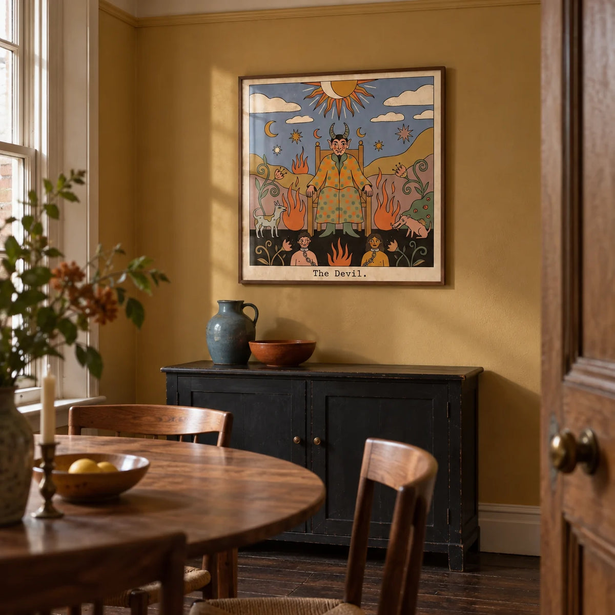 Tarot Card Devil Art, framed on the wall of a small dining room in a UK period flat with muted ochre walls