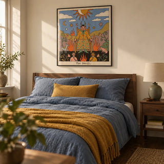 Tarot Card Devil Art, framed on the wall of a thoughtfully furnished adult bedroom with warm cream walls and a plain dark wood floor