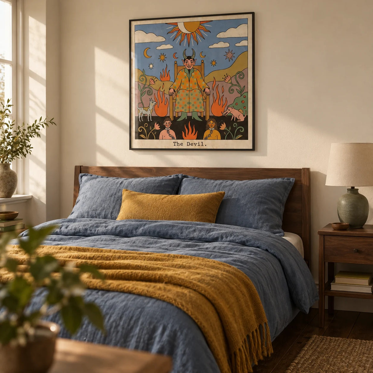 Tarot Card Devil Art, framed on the wall of a thoughtfully furnished adult bedroom with warm cream walls and a plain dark wood floor