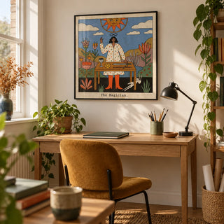 Tarot Magician Wall Art, framed on the wall of a compact home illustration studio in a creative adult's UK flat with a warm white wall and an uncluttered wooden floor in a home office
