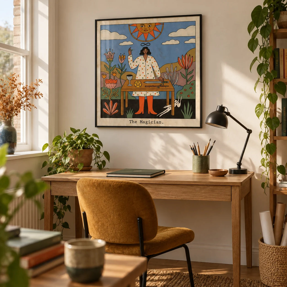 Tarot Magician Wall Art, framed on the wall of a compact home illustration studio in a creative adult's UK flat with a warm white wall and an uncluttered wooden floor in a home office