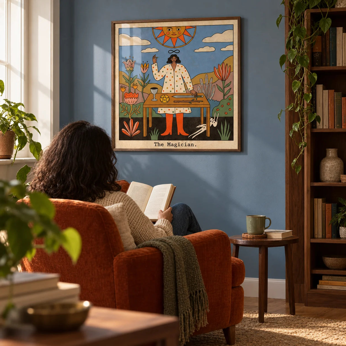 Tarot Magician Wall Art, framed on the wall of a quiet reading corner in a UK flat with a muted blue wall and a walnut bookcase to one side in a living room