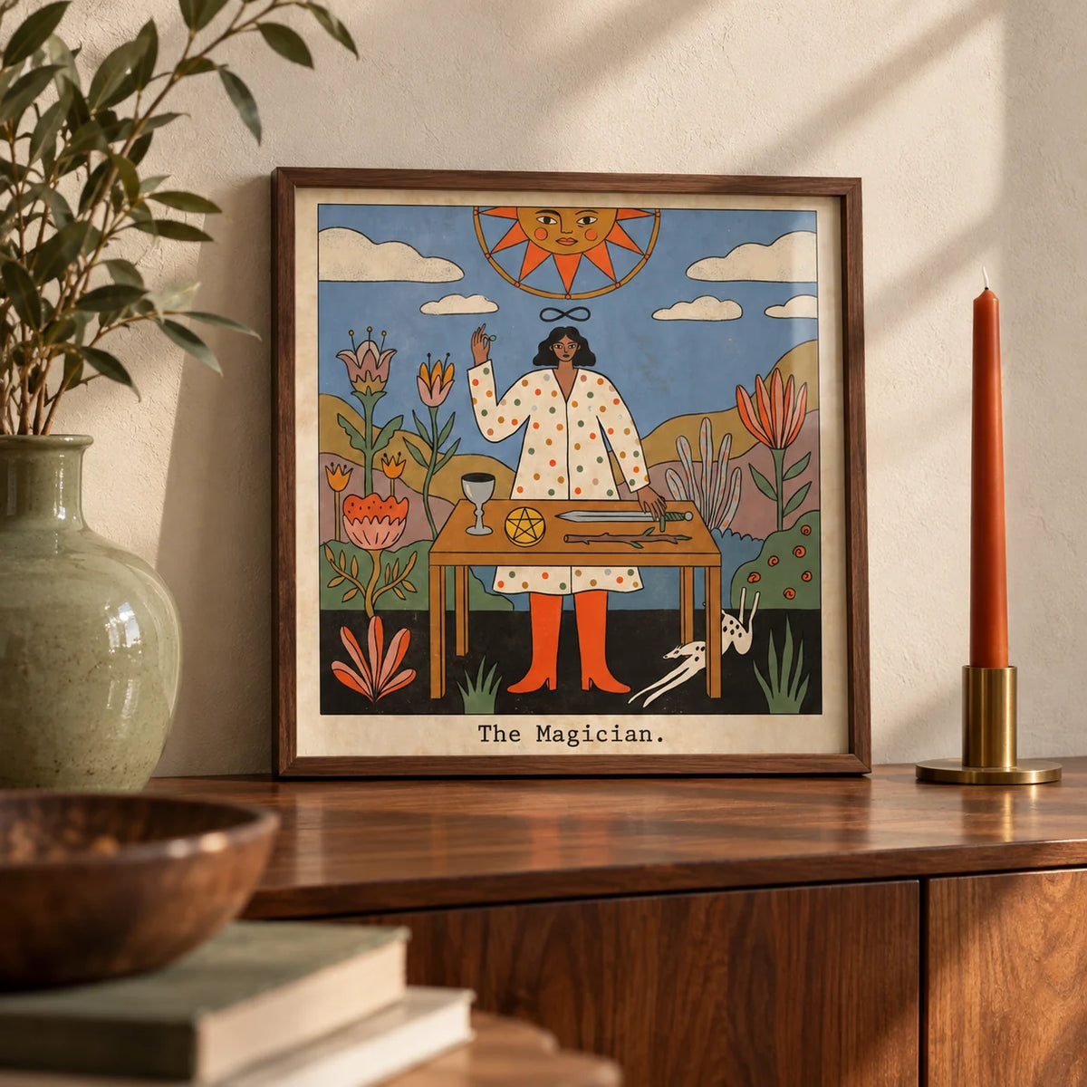 Tarot Magician Wall Art, a small A4 framed print leaning on a walnut sideboard in a living room