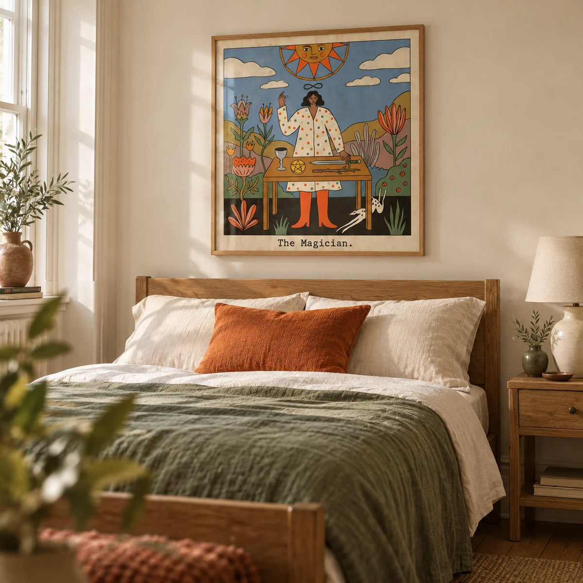 Tarot Magician Wall Art, framed on the wall of a warm eclectic bedroom in a UK terraced home with a pale cream wall and oak floorboards