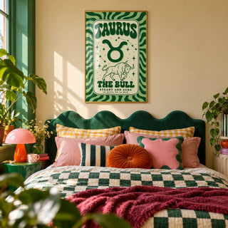 Taurus Print, framed on the wall of a colourful dopamine bedroom