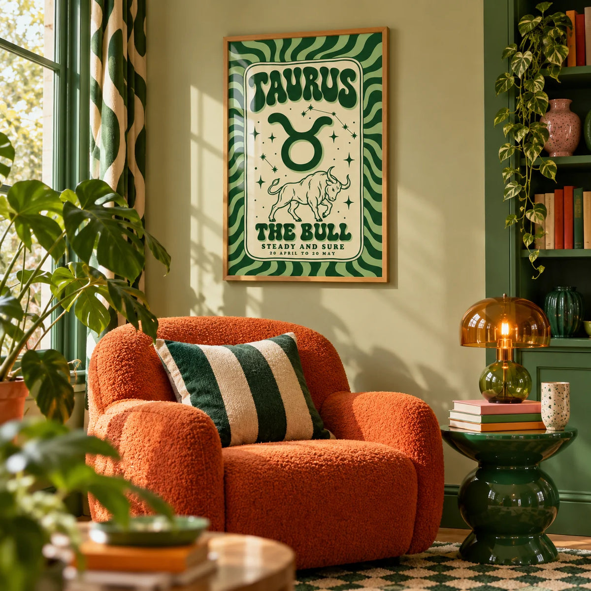 Taurus Print, framed on the wall of a cosy colourful reading nook in a living room