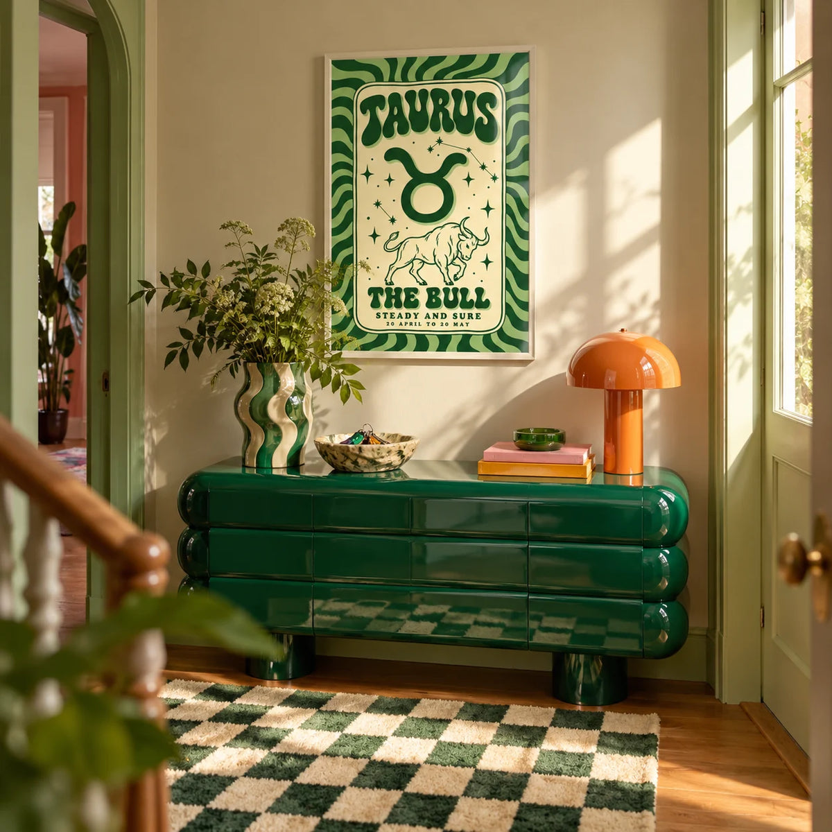 Taurus Print, framed on the wall of a fun hallway