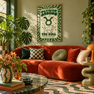 Taurus Print, framed on the wall of a maximalist living room