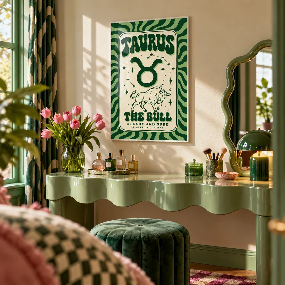 Taurus Print, framed on the wall of a playful dressing area in a bathroom