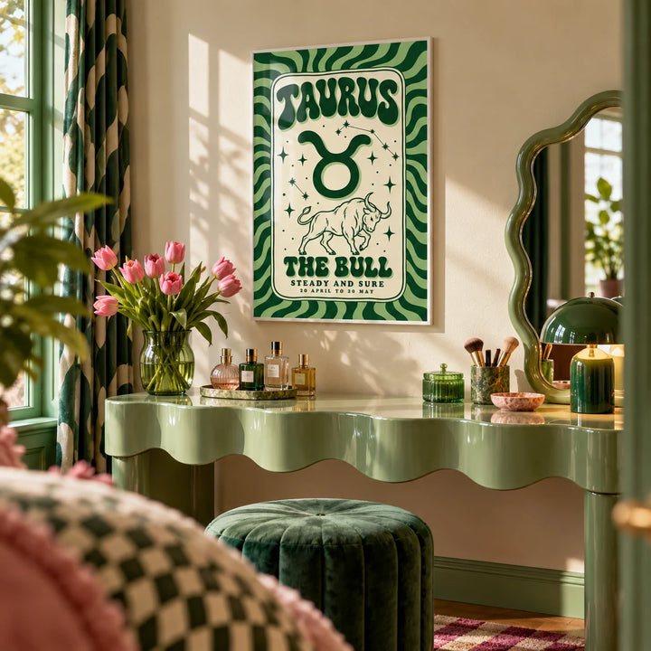Taurus Print, framed on the wall of a playful dressing area in a bathroom