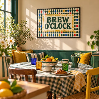 Tea Print, framed on the wall of a bright breakfast nook in a kitchen