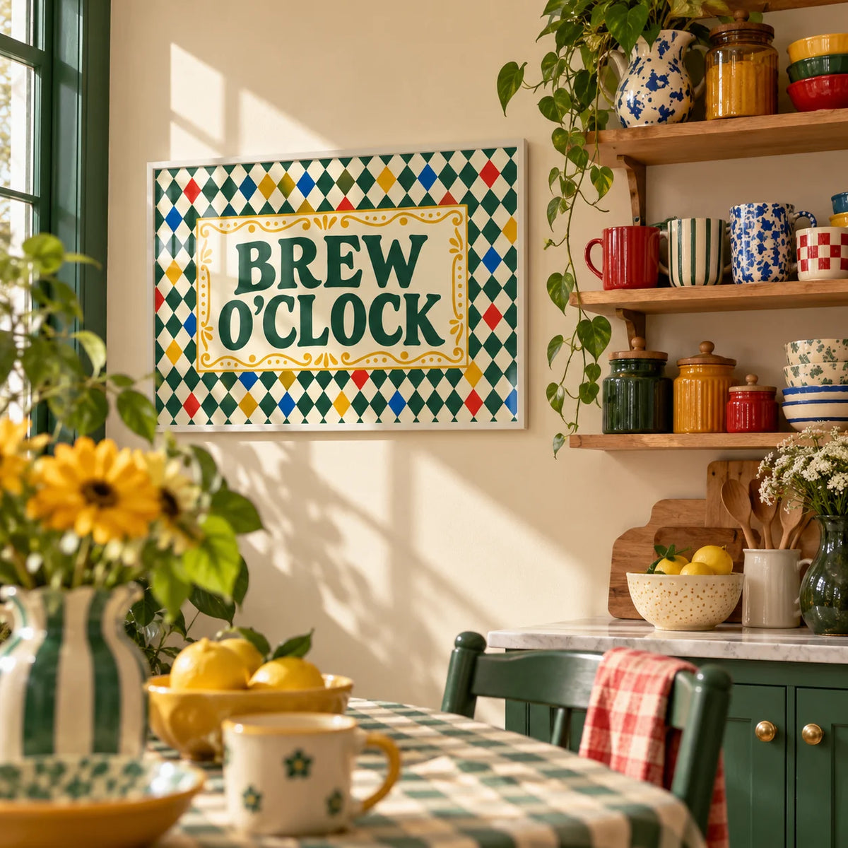 Tea Print, framed on the wall of a fun kitchen corner