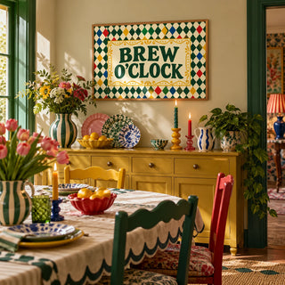 Tea Print, framed on the wall of a maximalist dining room