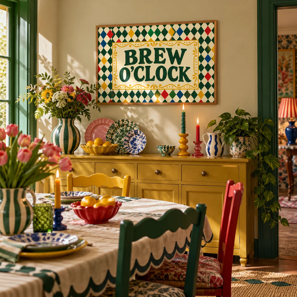 Tea Print, framed on the wall of a maximalist dining room