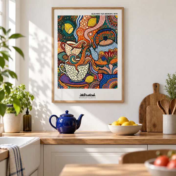 Tea Time Wall Art, framed on the wall of a bright modern kitchen with plain white plaster walls