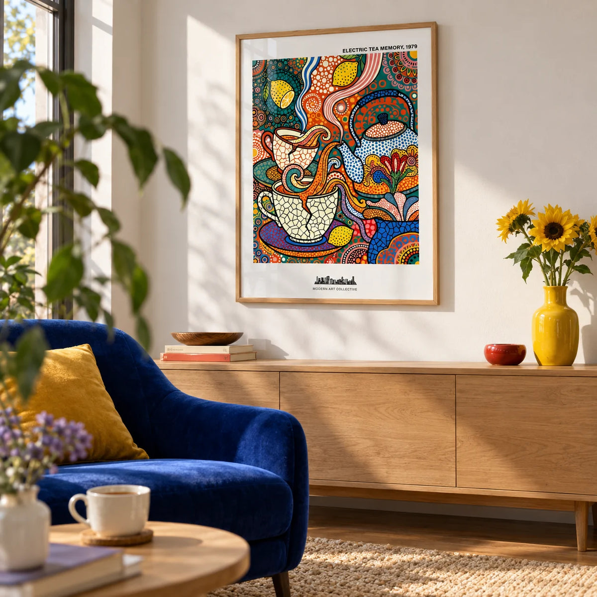 Tea Time Wall Art, framed on the wall of a cheerful living room with a soft white wall