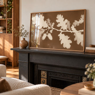 Tea Toned Oak Leaves Print styled on a mantelpiece (frame not included)