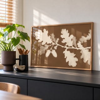 Tea Toned Oak Leaves Print styled on a kitchen counter (frame not included)