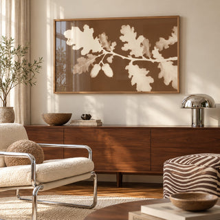 Tea Toned Oak Leaves Print styled above a sideboard (frame not included)