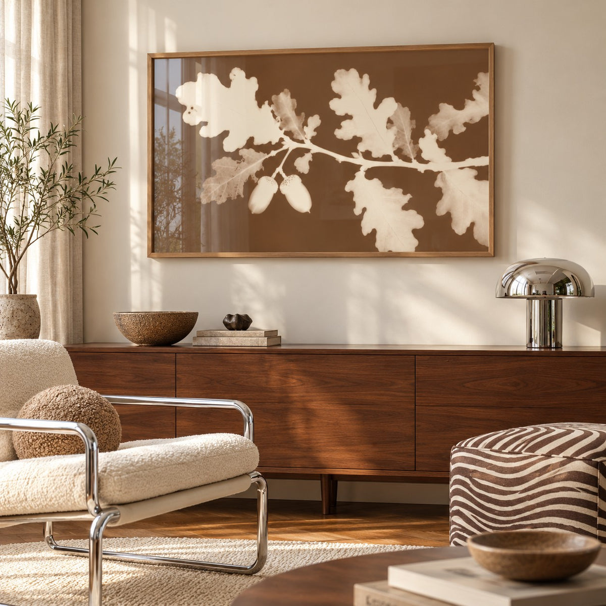 Tea Toned Oak Leaves Print styled above a sideboard (frame not included)