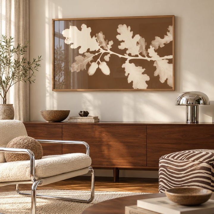 Tea Toned Oak Leaves Print styled above a sideboard (frame not included)
